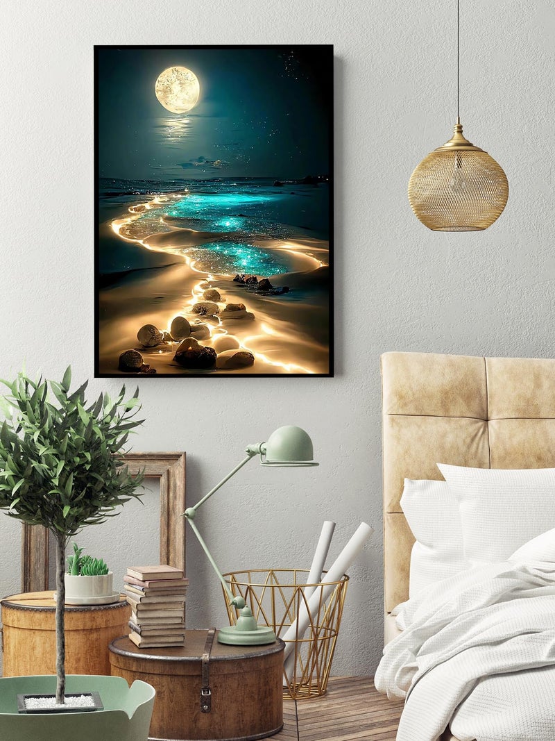 KINPLUB Moonlight Beach Diamond مجموعات الطلاء للبالغين 5D Seaside Moon Diamond Art Kits للمبتدئين DIY طلاء الحفر الكامل مع ديكور جدار المنزل الماسي 12 × 16 بوصة - Image 3